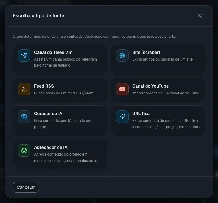 Escolha do tipo de fonte: "Canal do Telegram" funciona bem para a primeira vez