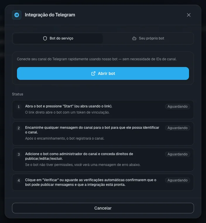 A janela de conexão do Telegram: quatro etapas e seu status — espere "Concluído" em cada uma