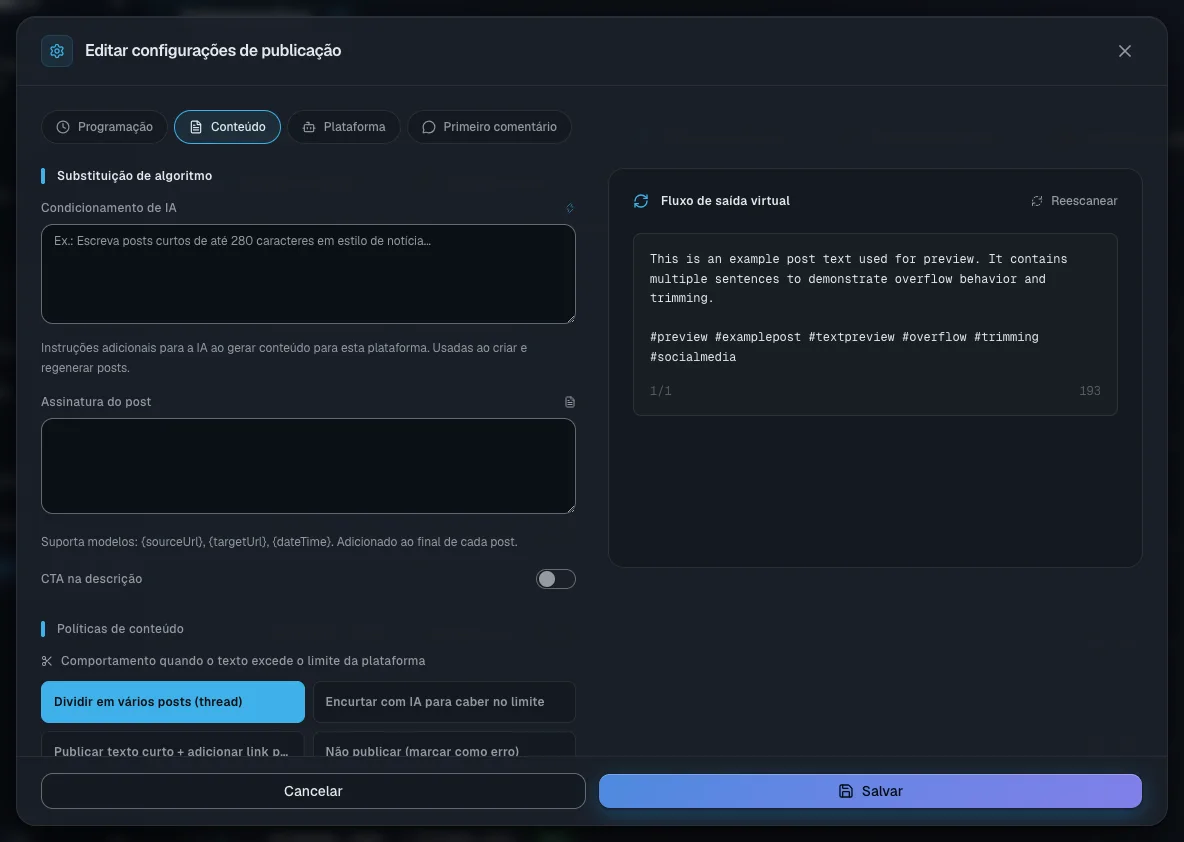 As configurações da plataforma, aba de texto: as regras à esquerda, um exemplo do post pronto à direita