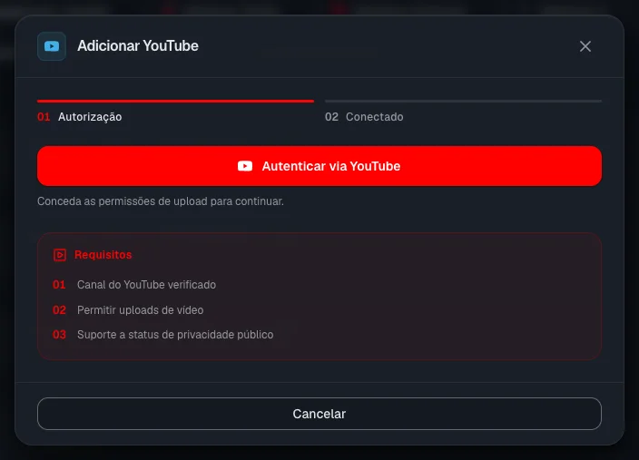 A janela de conexão do YouTube: os requisitos do canal e o botão de login com o Google