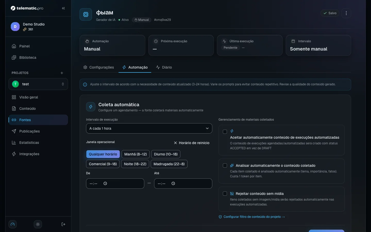 O agendamento da fonte: o intervalo, a janela e os três seletores de tratamento de materiais