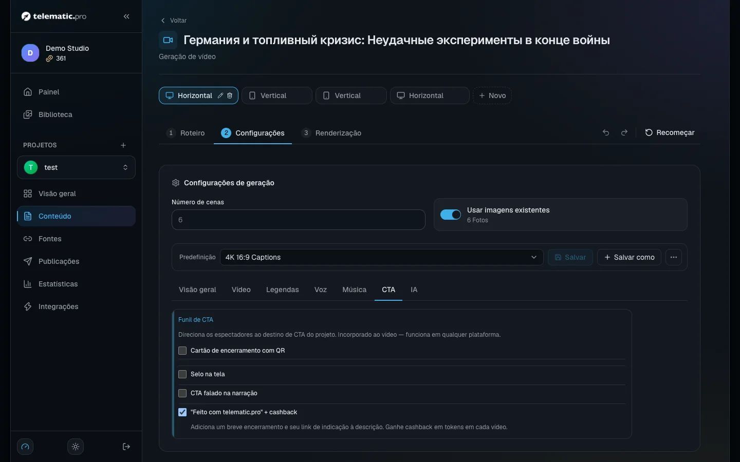 A aba "CTA": o alternador da vinheta com cashback no fim da lista
