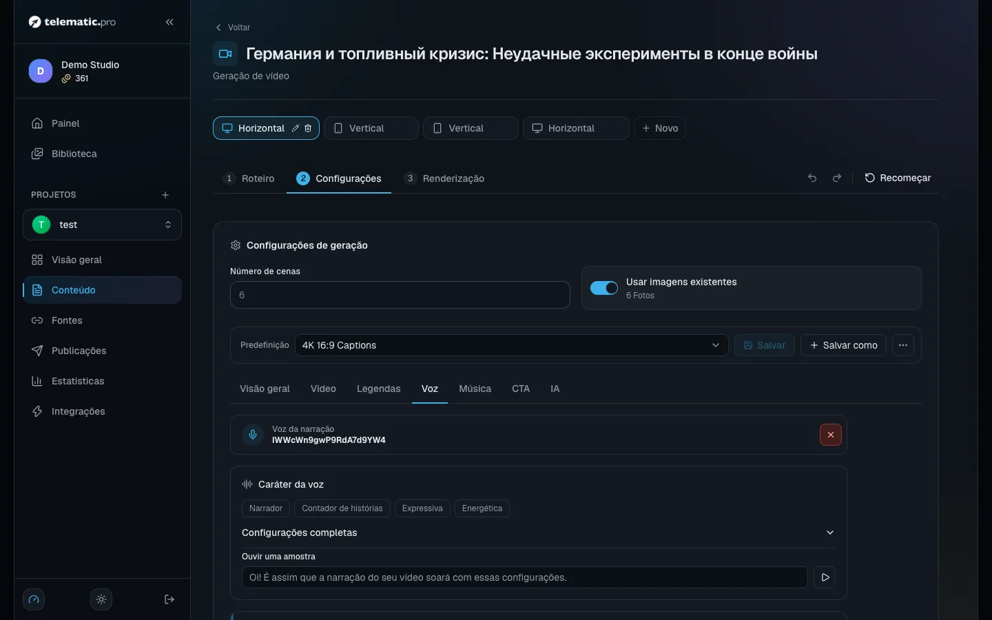 O seletor de voz: as abas, os filtros e um botão de reprodução em cada voz