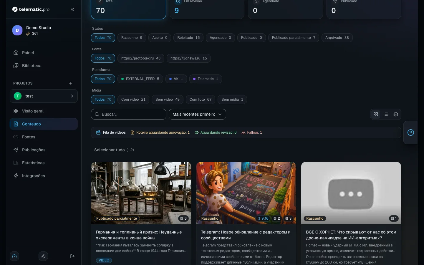 A fila de vídeo acima da lista de conteúdo: o que está em revisão, o que espera e onde há um erro