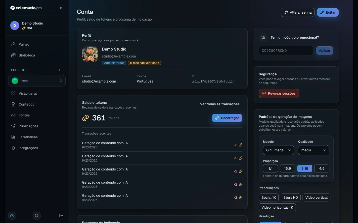 A página da sua conta: o saldo e as últimas operações, o link de indicação e o cartão de código promocional