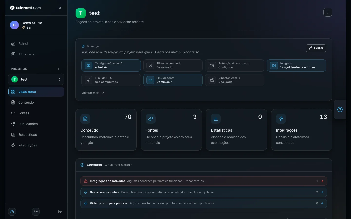 O painel do Consultor: a lista de primeiros passos e as tarefas com links para resolvê-las