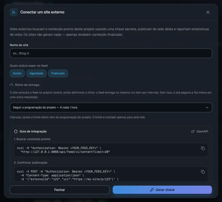 A janela de conexão do site: o nome, os status a expor e o ritmo de entrega