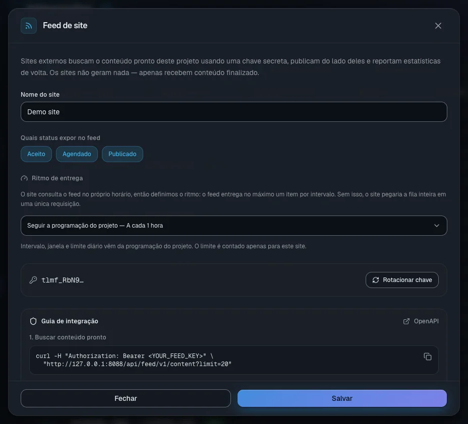 A janela de gerenciamento do feed: a chave oculta, o botão de reemissão e as configurações de ritmo