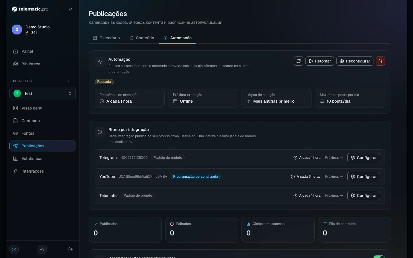 A aba de automação: o status da programação e o botão de retomar