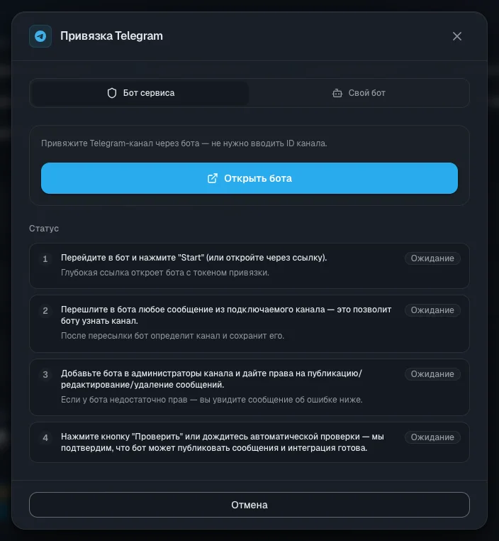 Окно подключения Telegram: четыре шага и их статус — дождитесь «Готово» у каждого